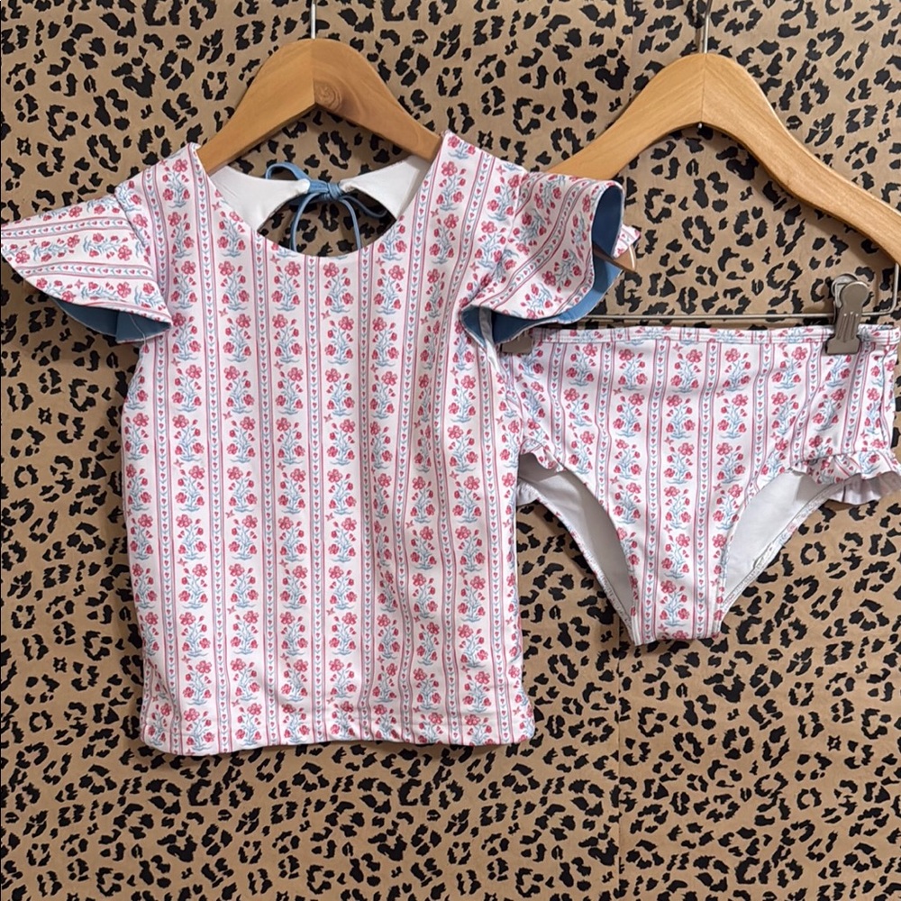 Charming Floral Kids Bikini Set - Red, White and Blue